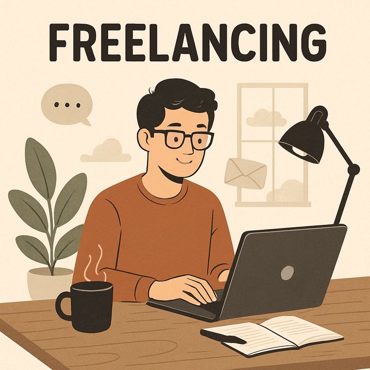 Freelancer working on laptop at home office desk with coffee, notebook, and lamp
