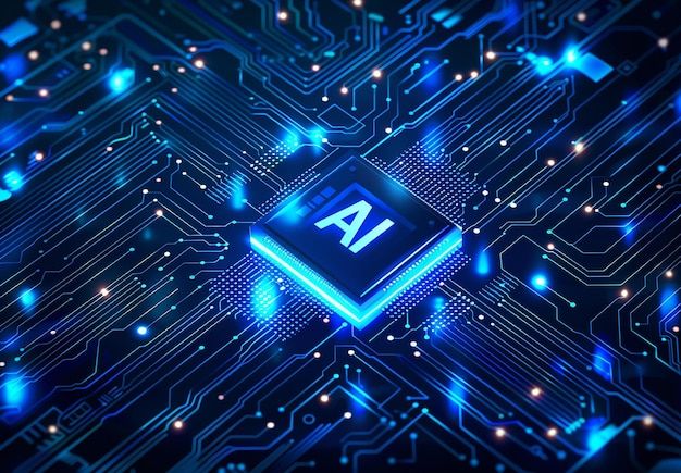 Artificial Intelligence AI chip on futuristic digital circuit board